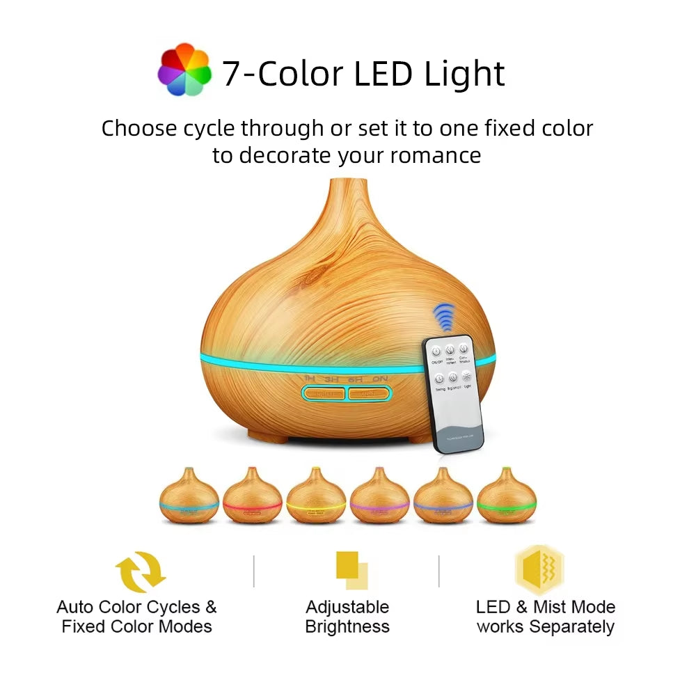 550Ml Ultrasonic Aroma Diffuser & Air Humidifier with Essential Oil Diffuser, Wood Grain Aromatherapy Machine, Remote Control, 7