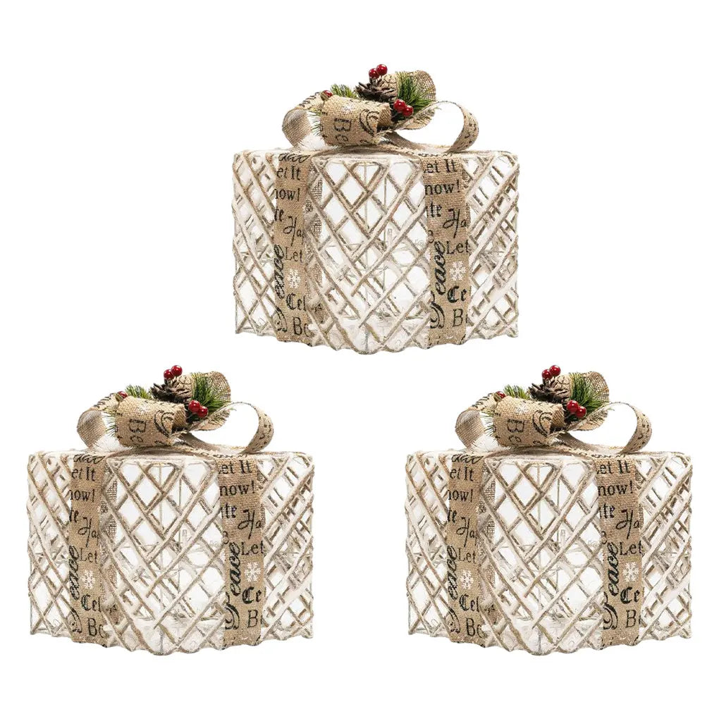 3Pcs/Set Christmas Glow Gift Box with Bow Christmas Lighting Box Merry Christmas Iron Ornament Xmas Home Tree Party Decroation