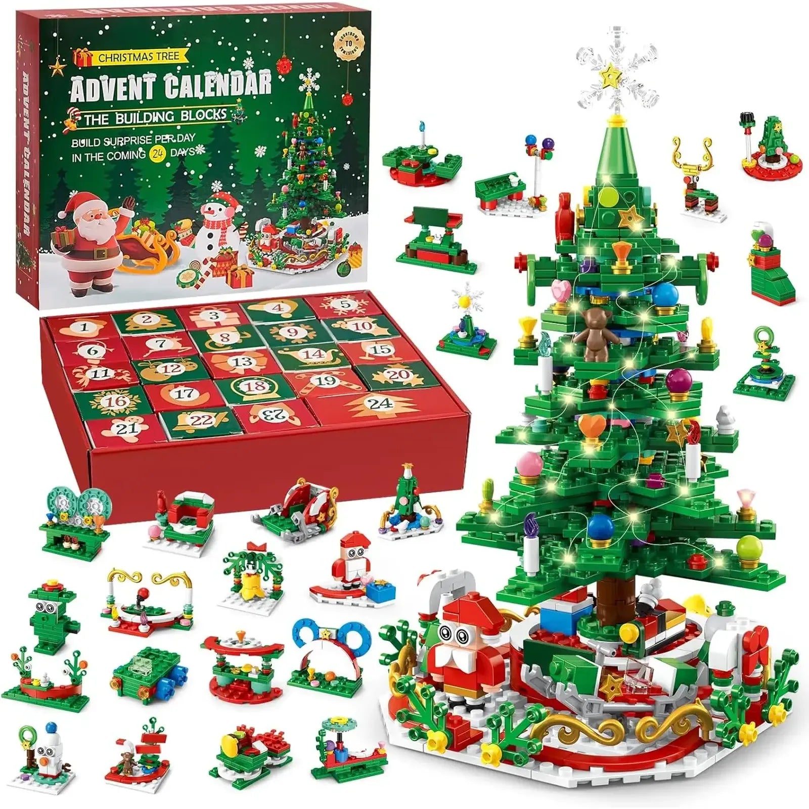 Christmas Tree Building Blocks Toy for Kids Magical Christmas Tree Building Adventure with LED Lights Xmas Advent Calendar Gift