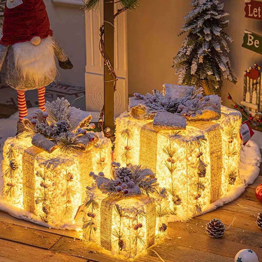 3Pcs/Set Christmas Glow Gift Box with Bow Christmas Lighting Box Merry Christmas Iron Ornament Xmas Home Tree Party Decroation