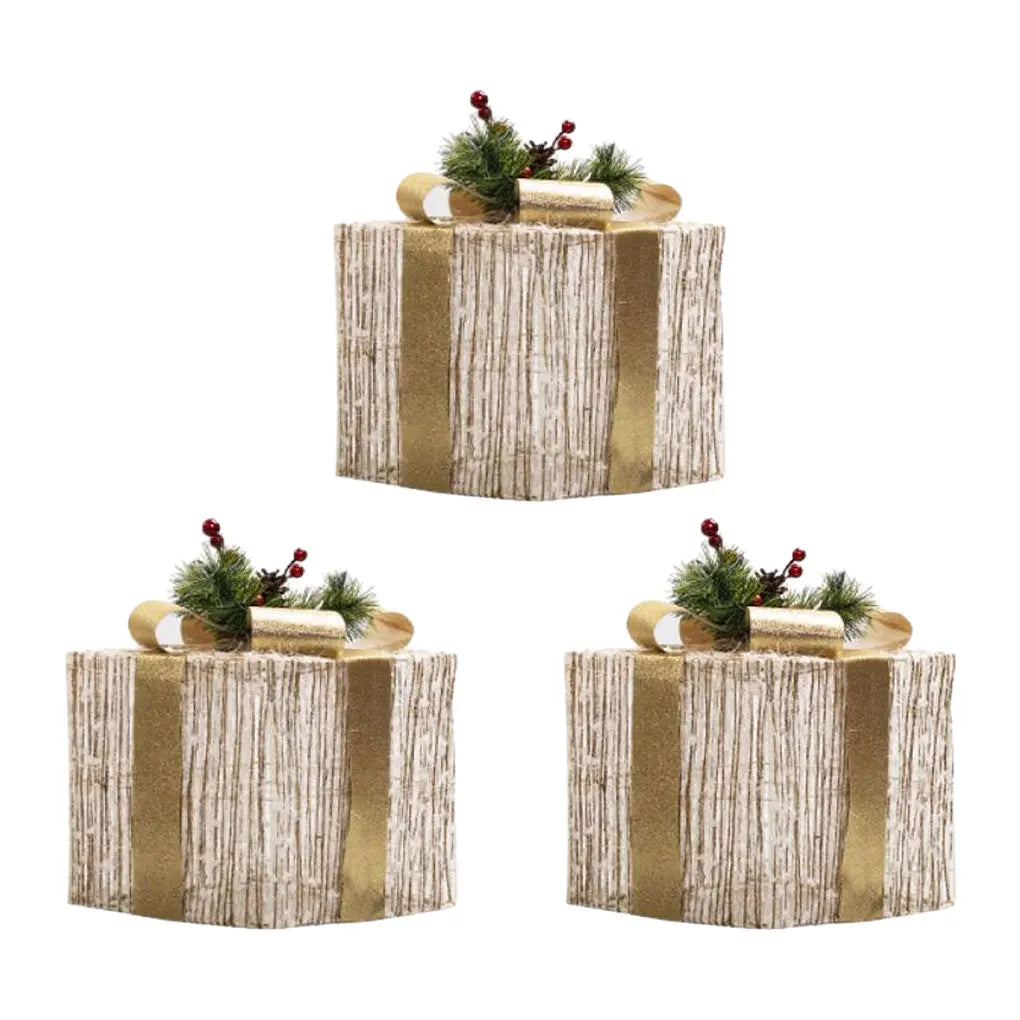 3Pcs/Set Christmas Glow Gift Box with Bow Christmas Lighting Box Merry Christmas Iron Ornament Xmas Home Tree Party Decroation