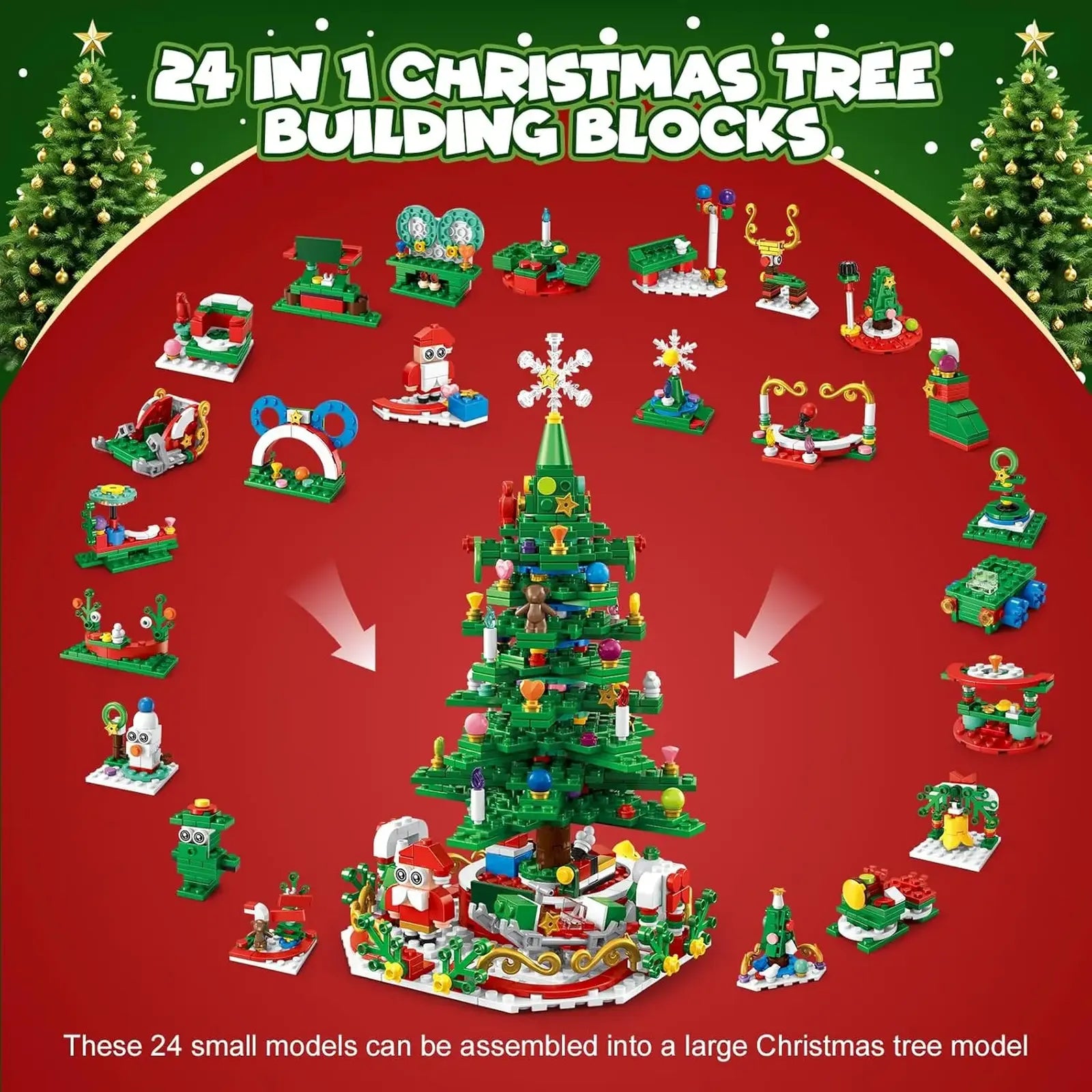 Christmas Tree Building Blocks Toy for Kids Magical Christmas Tree Building Adventure with LED Lights Xmas Advent Calendar Gift
