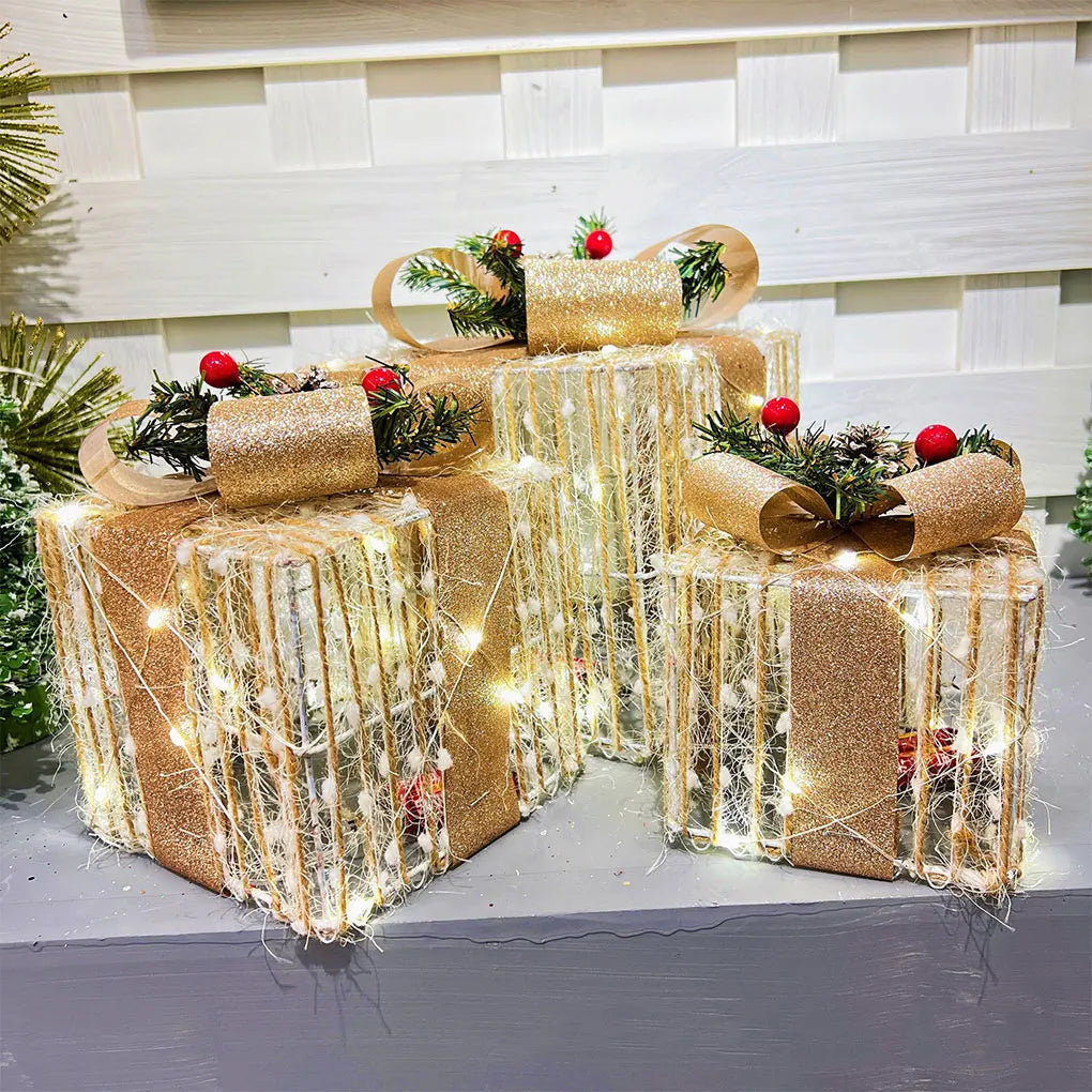 3Pcs/Set Christmas Glow Gift Box with Bow Christmas Lighting Box Merry Christmas Iron Ornament Xmas Home Tree Party Decroation