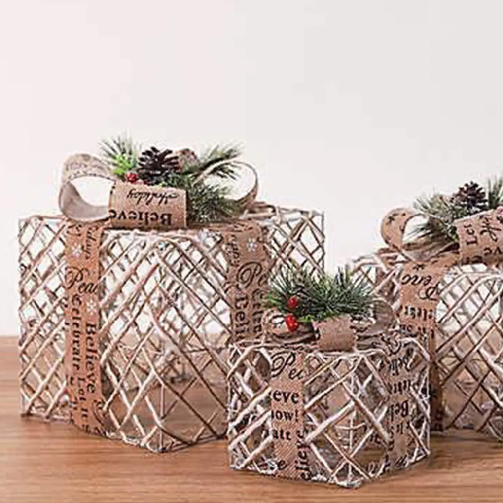 3Pcs/Set Christmas Glow Gift Box with Bow Christmas Lighting Box Merry Christmas Iron Ornament Xmas Home Tree Party Decroation