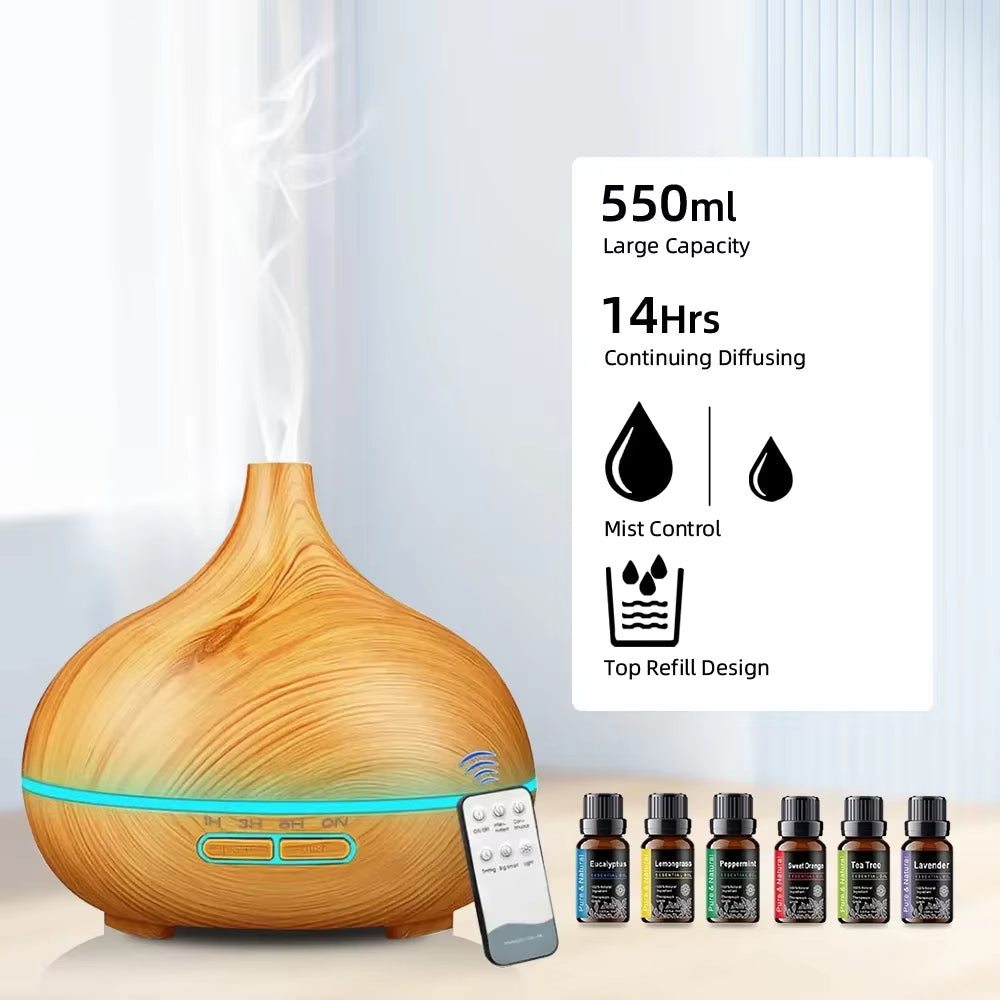 550Ml Ultrasonic Aroma Diffuser & Air Humidifier with Essential Oil Diffuser, Wood Grain Aromatherapy Machine, Remote Control, 7